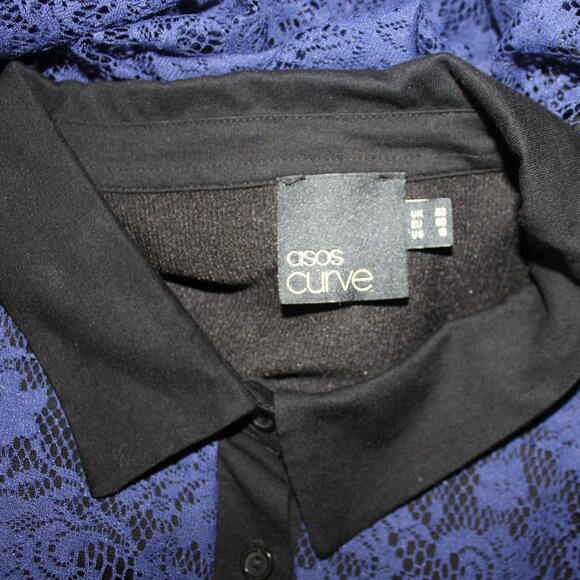 ASOS curve navy blue lace dress, button front, black collar mini size 18 - Picture 6 of 8